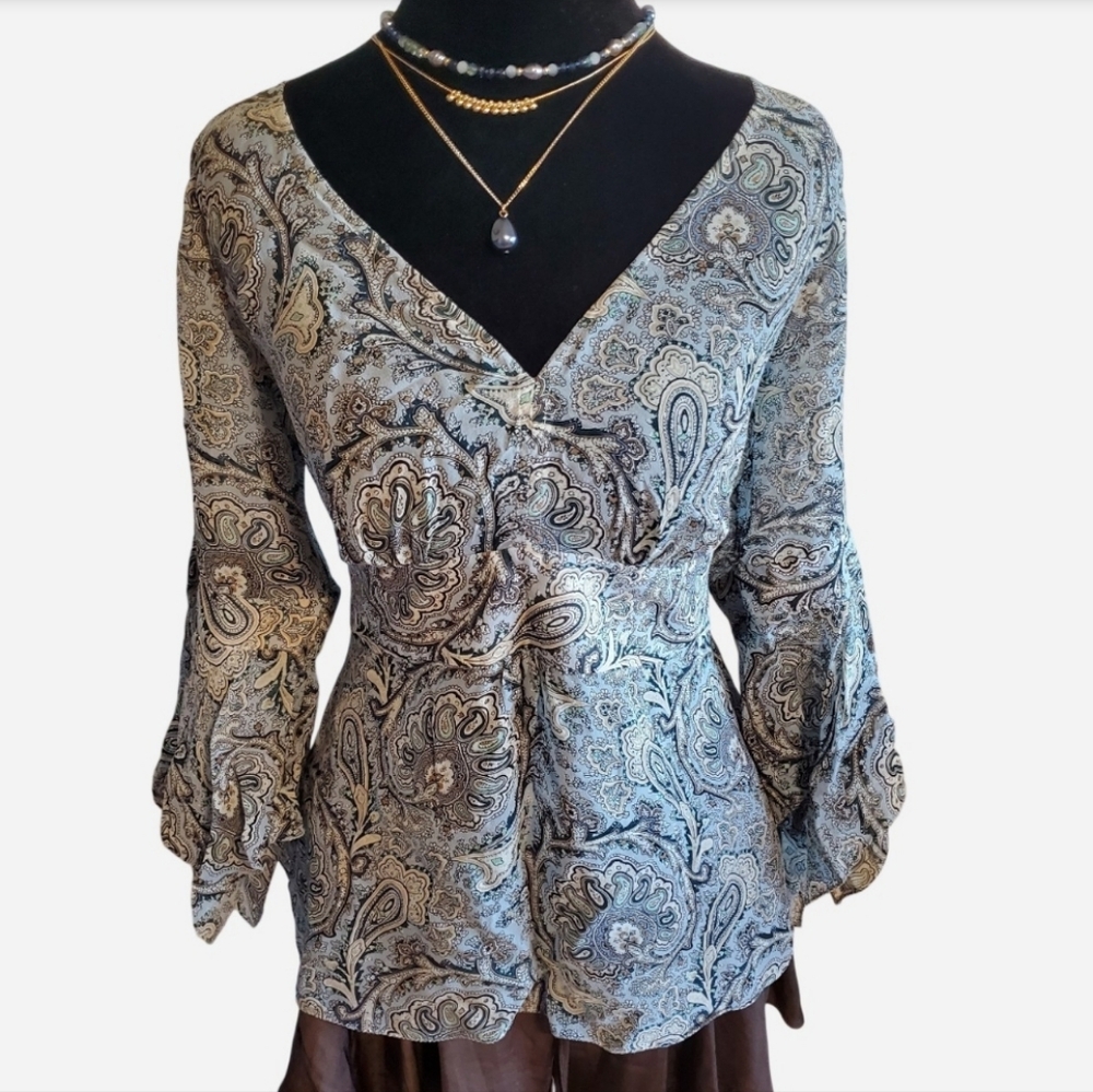 VTG The Limited Y2K Blue Silk Babydoll Paisley Top bell Sleeve Fairy 90s Size L